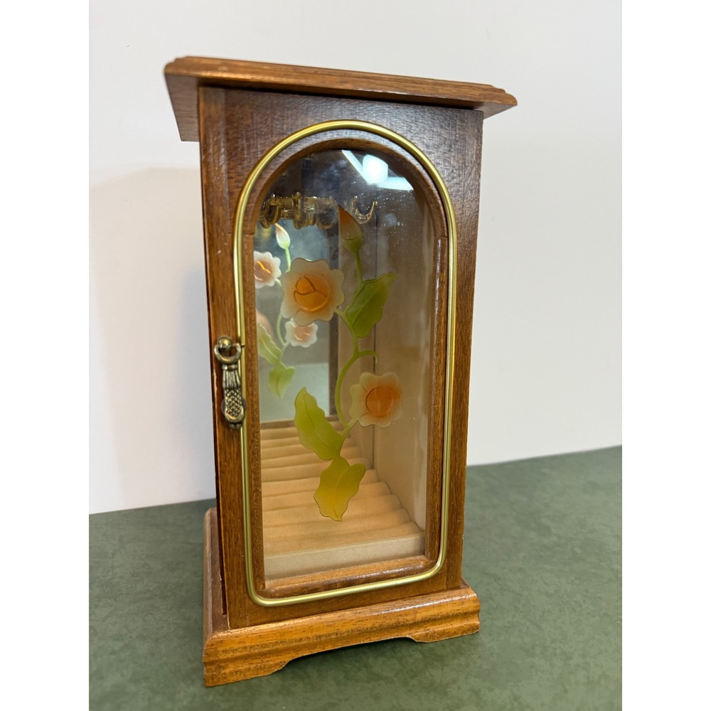 Vintage Wood Jewelry Box Armoire Etched Glass Rose Rotating Carousel Mirror